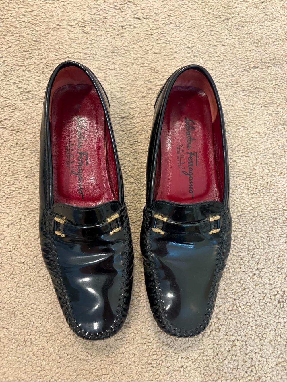 Salvatore Ferragamo Black Patent Leather Loafers with Gold Hardware